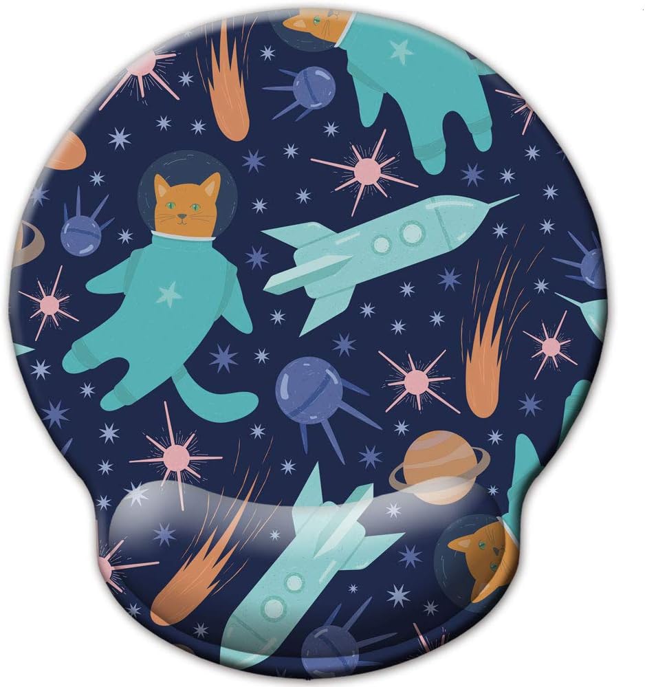 Mouse Pad with Wrist Rest Support, Custom Original Memory Foam Wrist Rest Pad Non-Slip Ergonomic Desk Gaming Mouse Mat for Home & Office (Cosmic Space Cat Stars Planet)
