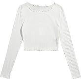 Floerns Women's Lettuce Trim Long Sleeve Rib Knit Crop Tops Tee Shirts