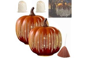 CUNVEM Set of 2 Illuminated Starry Night Glass Pumpkins, Twinkle Light Pumpkins, Fall Halloween Timer Lighted Sparkling Pumpkin Decorations Lamp With Storage Bag for Home Bedroom Bathroom Hallway(Orange 2PCS