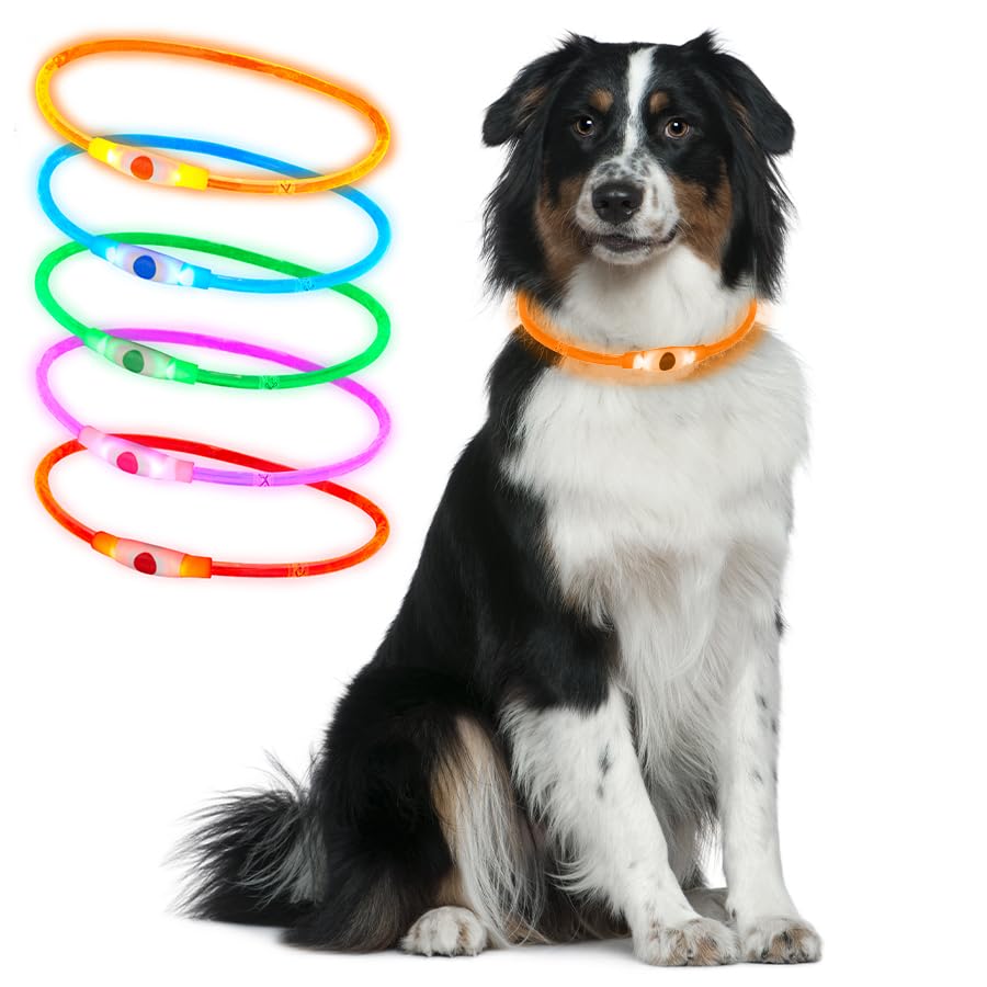 Ultra Orange Silicone 70cm LED Light Up Dog Collar Cut to Size Rechargeable 3 Settings Large Dogs Medium Dogs Small Dogs Puppies Cats Flashing Dog Collar Lights for Night Safety USB Charging Collars