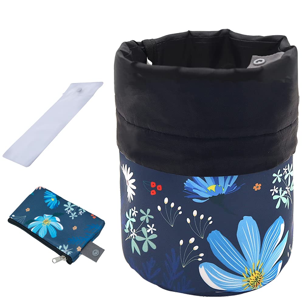 UYRIE Portable Makeup Toiletry Cosmetic Travel Organizer Bag, Large Drawstring Hanging Packing Bag for Women Girl Men, Lightweight Multifunctional Barrel Shaped Storage Bag (Blue Flower)