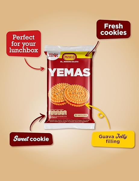 POZUELO YEMAS COOKIES, GUAVA JELLY FILLED, DELICIOUS ON-THE-GO TREAT, 11 OZ (PACK OF 3)