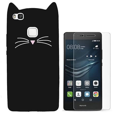 Hcheg 3D Silikon Schutzhülle Tasche für Huawei P9 lite Hülle Katze Design schwarz/weiß Case Cover + 1X Screen Protector
