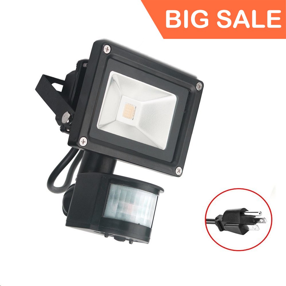 （Big Sale） 10W Motion Sensor LED Flood Light, 3000K Warm White, 1100lm(Max), IP65 Waterproof Security Spotlight with PIR for Driveway, Square - Black