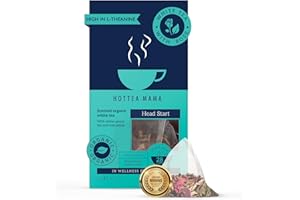 HOTTEA MAMA | Head Start | Organic White Tea & Rose Herbal Blend | Slow Release Caffeine L-Theanine | For Alertness & Brain Fog | 14 Whole Leaf Biodegradable Tea Bags (28 Cups)