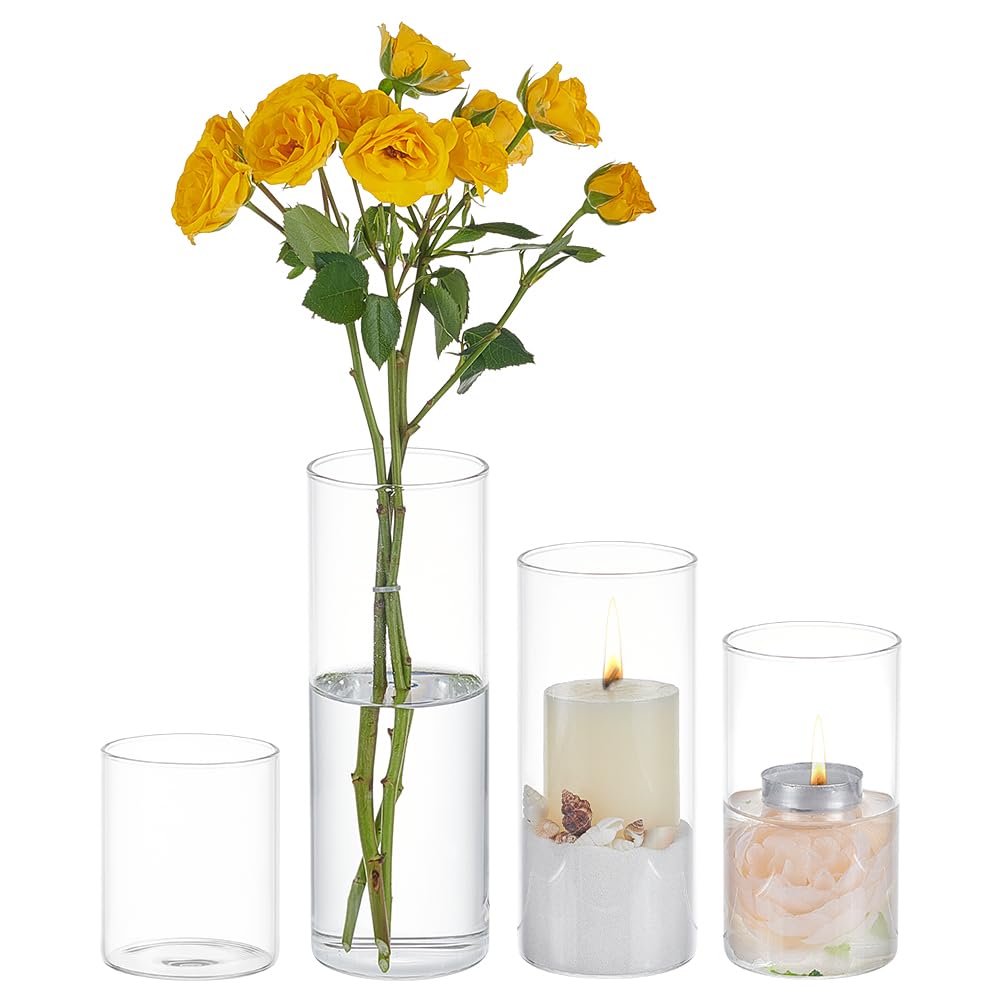 BENECREAT 4Pcs Glass Cylinder Vase, 4 Styles Pillar Glass Vase Decorations, Clear Vase Tall Floating Candle Holder for Home Office Wedding Decoration, Display Decorations