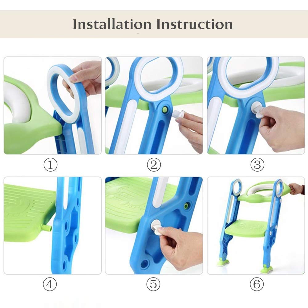 Potty Training Toilet Seat with Step Stool Ladder for Kid and Baby, Adjustable Toddler Toilet Training Seat with Soft Anti-Cold Padded Seat, Safe Handles and Non-Slip Wide Steps, Blue Green for Kids : Baby