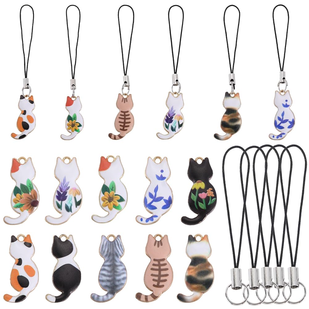 SUNNYCLUE 1 B0X 30Pcs Kawaii Cellphone Charm Strap Cute Cat Phone Charms Alloy Enamel Gold Printing Small Animals Pet Charms for DIY Wallet Keychain Moblie Phones Case Bag Camera Decorations Adults