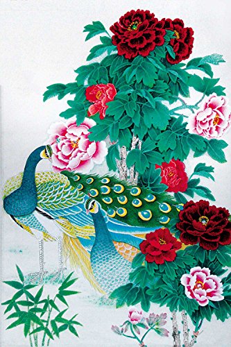 PigBangbang,Intellectiv Games Photomosaic Jigsaw Puzzle Wooden in a Box 1000 Piece 29.5 X 19.6'' Can Be Mural Home Decoration -Peacock Peony Ink Drawing