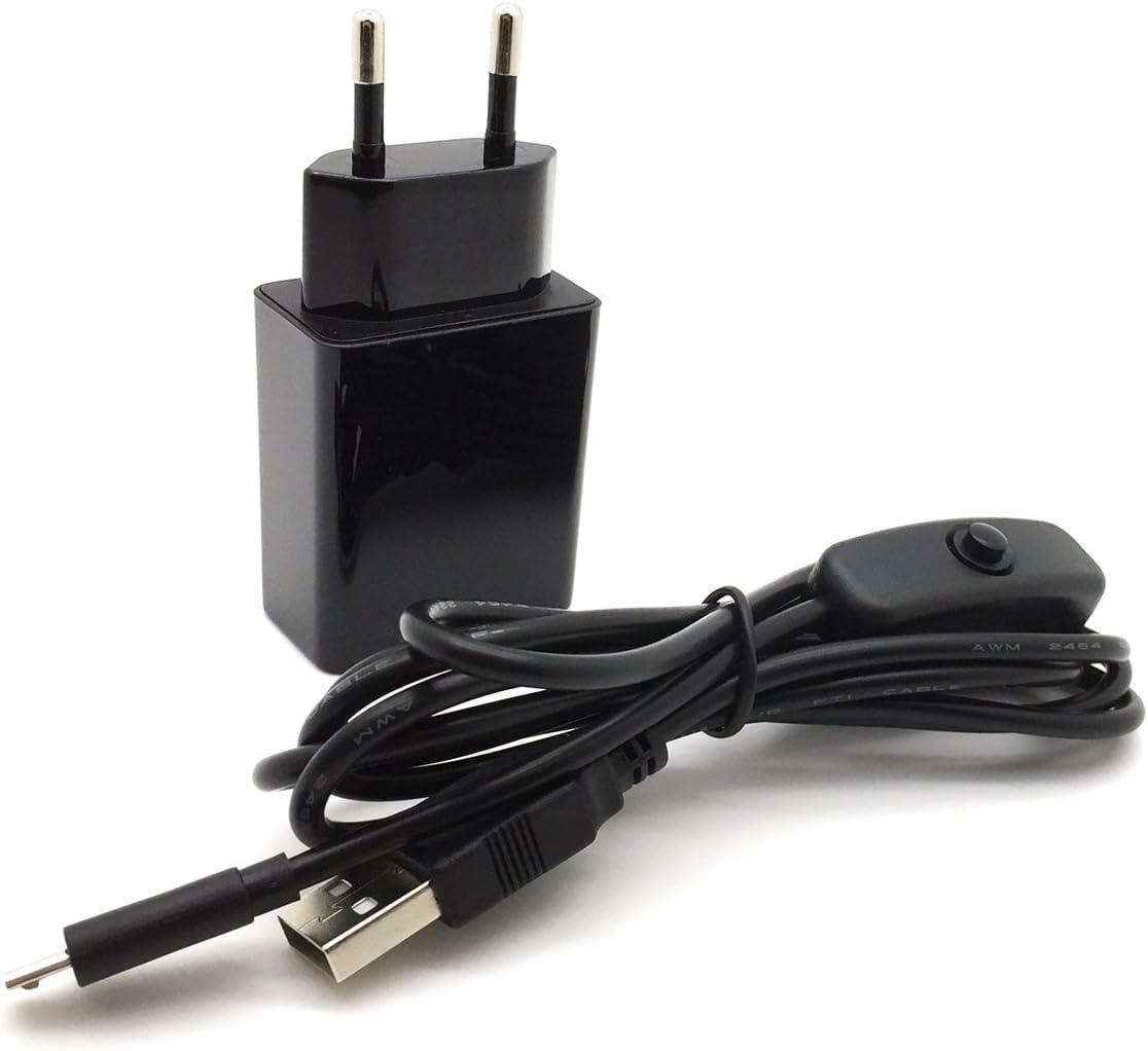 AptoFun 5V 2A Micro USB Charger, power supply (with on / off switch on cable) for Arduino Uno, Nano Raspberry Pi 3/2 and Smartphone, iPhone, iPad, Powerbank in black