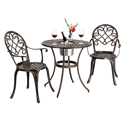 Bonnlo 3 Piece Bistro Set With Ice Bucket Antique Outdoor Patio Furniture Weather Resistant Garden Aluminum Table And Chairs For Backyard Pool