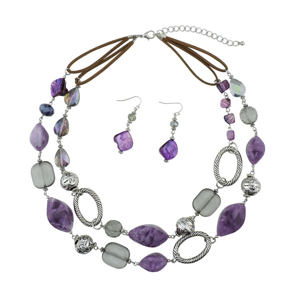 BOCAR 2 Strand Statement Choker Shell Necklace and Earring Set for Women Gift (NK-10370-purple)