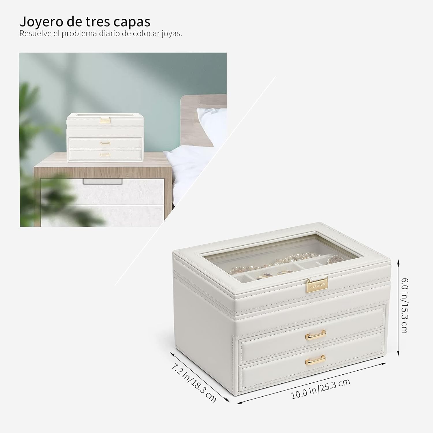 Jewelry Box with Glass Lid for Mothers Day Gifts, 3 Layer Jewelry Organizer with 2 Drawers, Large Leather Jewelry Storage for Necklaces Rings Earrings Bracelets Watches(White): Home Improvement