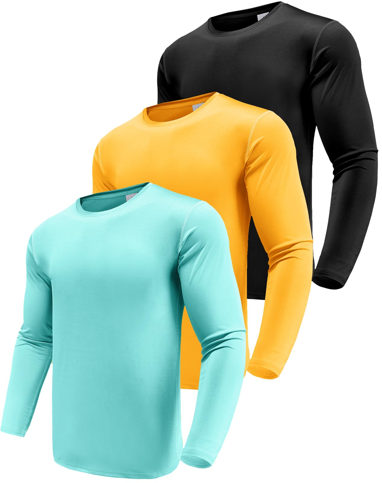 Men's 3 Pack Dry-Fit Long Sleeve Shirts UV Moisture Wicking UPF 50+ SPF Sun Protective Fishing Hiking Long Sleeve T-Shirts Black/Yellow/Mint Green-3P08-S Image
