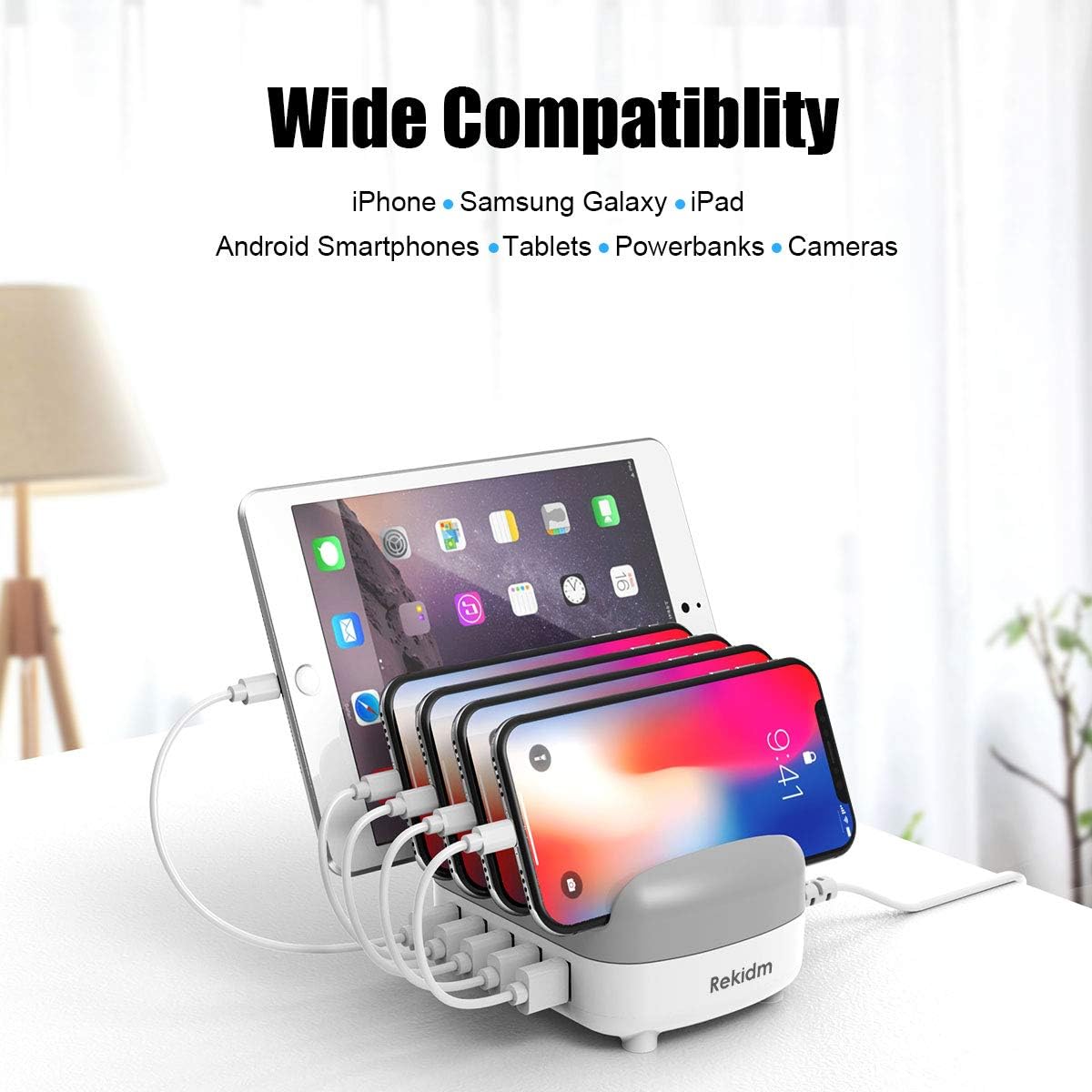 Charging Stations for Multiple Devices, Rekidm Fast Charging Stations Safe USB Charging 5 Ports Compatible with Apple iPhone iPad Products, Extra 5 Mixed Cables for Cell Phones, Smart Phones, Tablets: Electronics