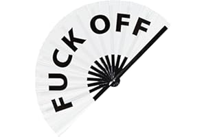 FAN-DOM Fuck Off Hand Fan Foldable Bamboo Circuit Hand Fan Funny Gag Slang Words Expressions Statement Gifts Festival Accessories Rave Handheld Circuit Event Fan Clack Fans (White)