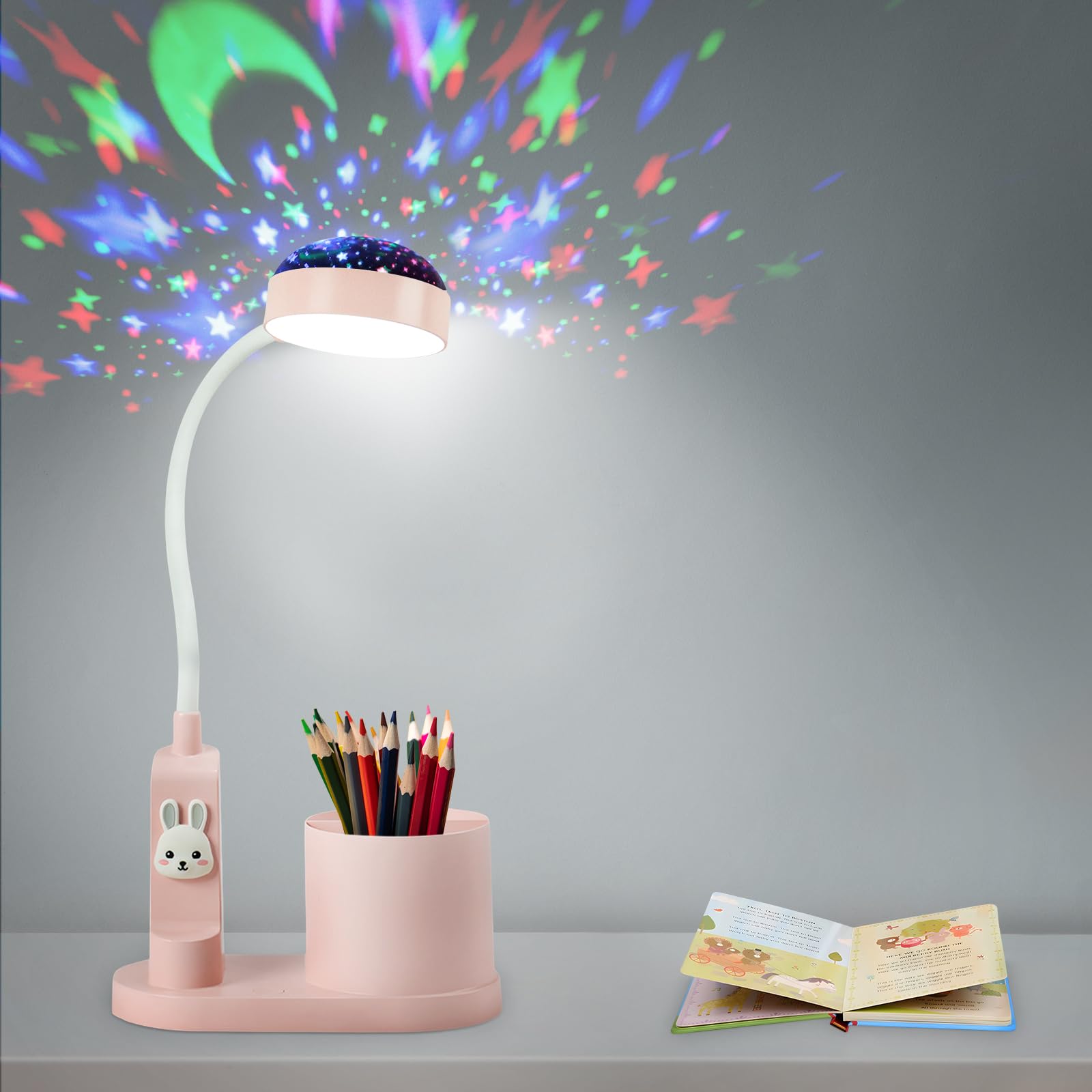 himmel Desk Lamp Kids Bedside Lamp with Pen Holder, Table Lamp with Automatic Colour Changing, Dimmable Rechargeable LED Reading Lamp for Children