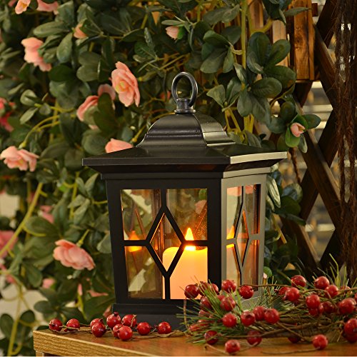 YAKii Hanging LED Flameless Candle Lantern,Yellow Light Flicker Battery Operated,Plastic,Black