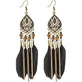 MALOYANVE Punk Vintage Long Tassel Feather Earrings for Women Bohemian Handmade Natural Pendant Earring Fish Hook Earrings Vintage Boho Multicolor Tassel Feathers Dangle Drop Earrings Jewelry