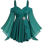 ROSE GAL Plus Size Women Elagant Fall T-Shirt Cold Shoulder Ruffle Long Bell Sleeve Swing Top