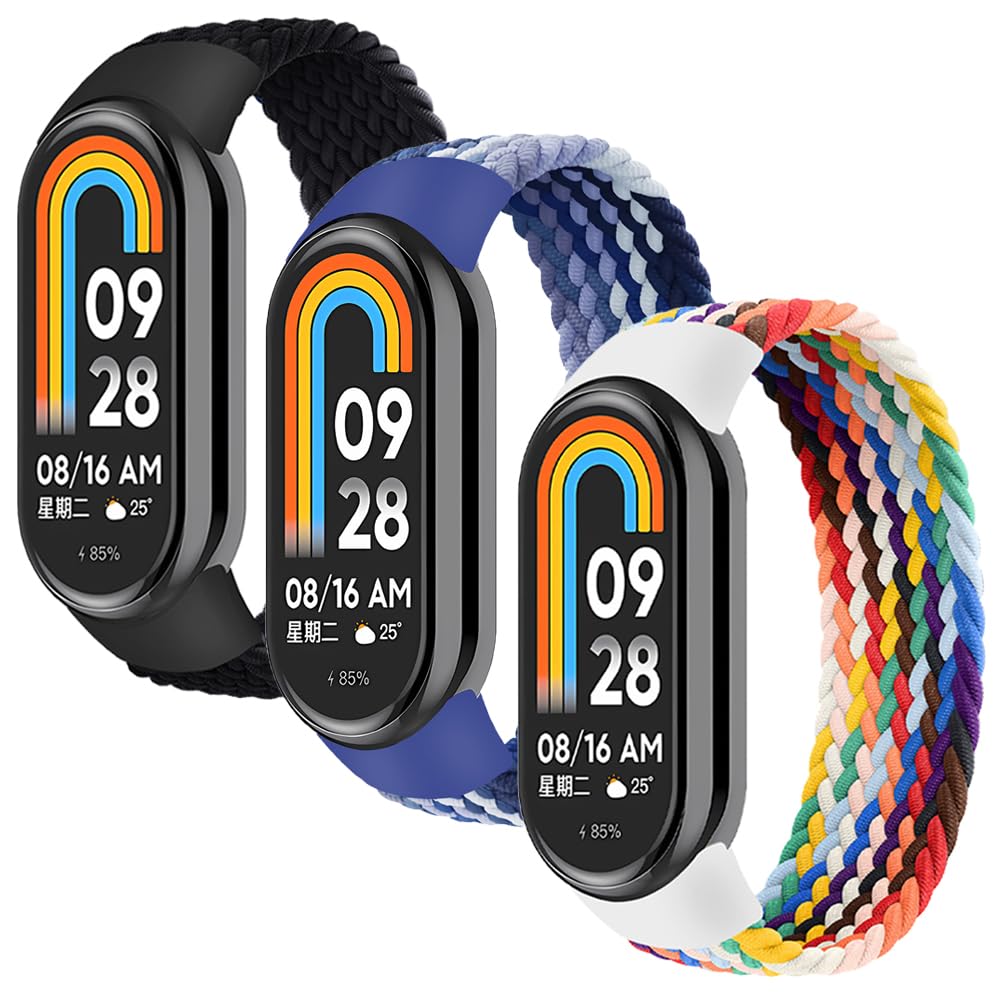3 Pack Braided Solo Loop Compatible for Xiaomi Smart Band 9/ Mi Band 8 Strap,Adjustable Elastic Nylon Sport Band Replacement Stretchable Wristband for Xiaomi Mi Band 9/Miband 8 Women Men,L