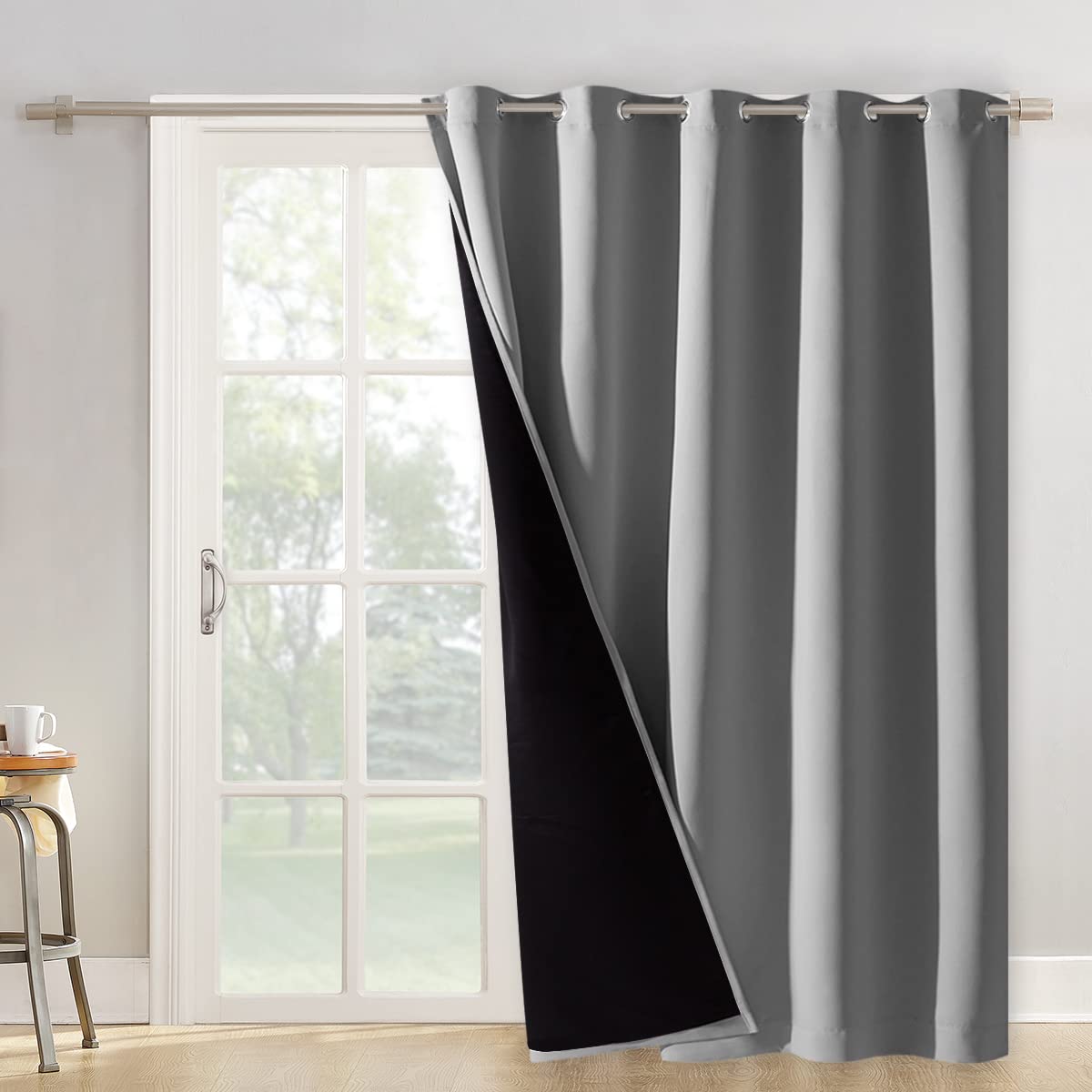 NICETOWN Silver Grey Extra Wide Patio Door Curtain, Super Heavy-Duty Thermal Sliding Glass Door Lined Drape, Privacy Assured 100% Blackout Window Treatment(1 Panel, 62 inches W x 84 inches L) Image