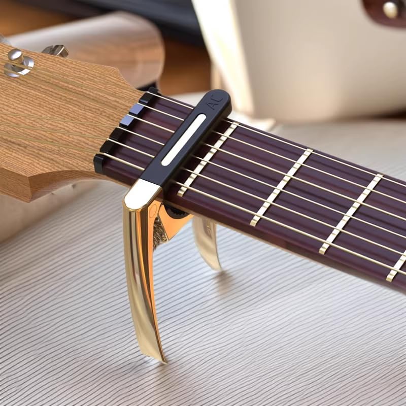 AUPHY Guitar Capo with 3 Interchangeable Pads for Different Fingerboard Curves - Fits Acoustic/Electric/Classical Guitars & Ukulele Mandolin, etc. Include A Metal Pick（Matte Gold）