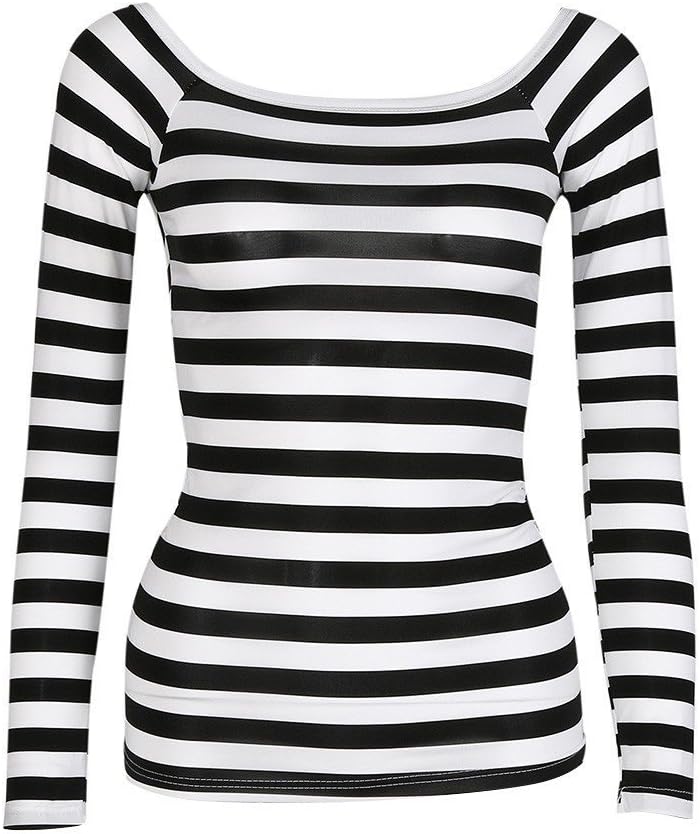 Women's Long Sleeve Slim Round Neck Striped Basic T Shirt