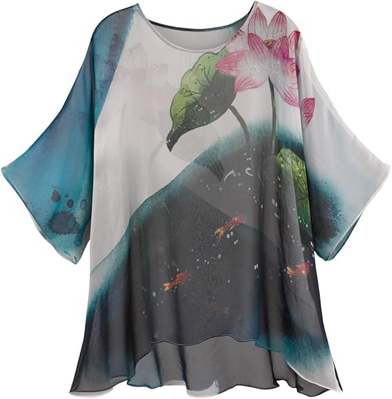 Amazon レディースシルクチュニックトップ Koi Pond 3 分袖ブラウス Us サイズ L カラー マルチカラー ワンピース チュニック 通販