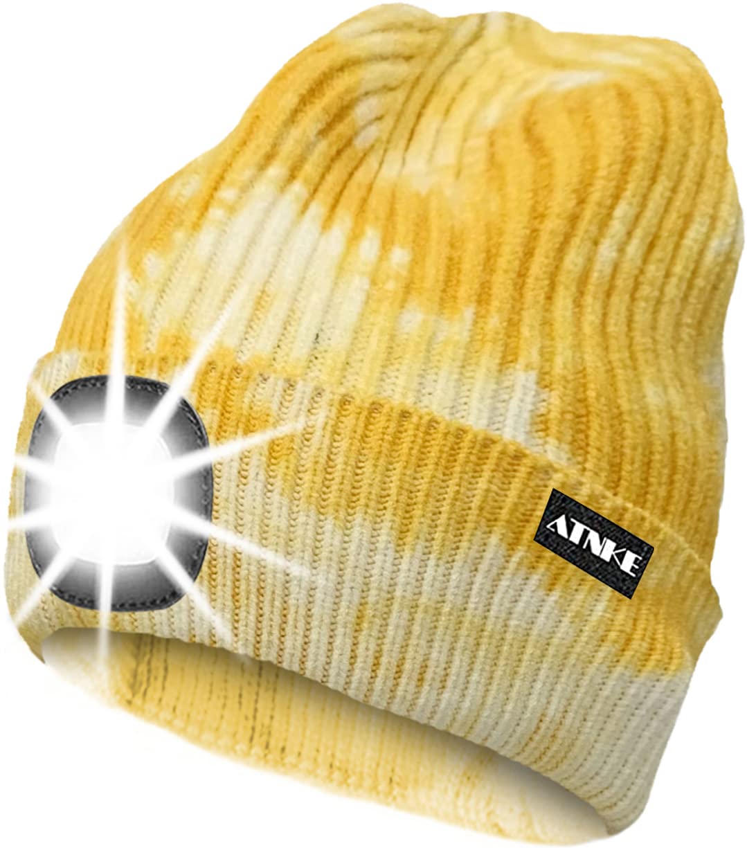 ATNKE LED Lighted Beanie Cap,USB Rechargeable Running Hat Ultra Bright 4 LED Waterproof Light Winter Warm Gifts for Men and Women/Tie Dye Yellow