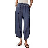 grewley Womens Barrel Harem Linen Pants Wide Leg Pants Baggy Palazzo Drawstring Elastic Waist with Pockets Beach