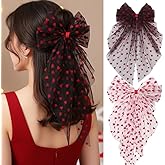 2 Packs Valentine’s Day Hair Bow Clips Red Heart Bowknot Ponytail Holder Long Ribbon Hair Barrette Transparent Mesh Large Bow Clips Oversize Long Tail Hairpins for Women Valentines Hair Accessories