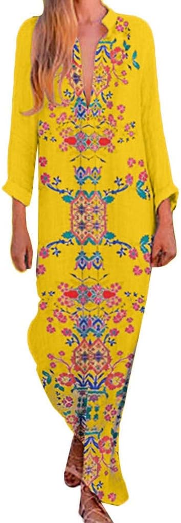 Kulywon Women Print V-Neck Side Slit Bohemian Dresses Shift Boho Maxi Dress