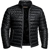 Rabbaniz Men’s Puffer Down Lambskin Leather Jacket - Distressed Brown Quilted Bomber Coat