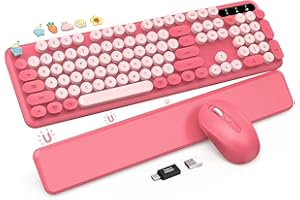 Wireless Keyboard and Mouse Combo - Retro Typewriter-Style Full-Size Keyboard with Round Keycaps, Detachable Wrist Rest, Fold
