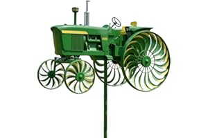 Garden Wind Spinner, Green Tractor Windmill Stake with Rotating Wheels for Patio Yard Garden, Unique Outdoor Sculptures Ornam