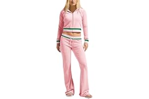 yidengymx Velour Tracksuit for Women, Womens Velvet Color Block Long Sleeve Hoodie Flare Pants 2 Piece Outfits with Pockets