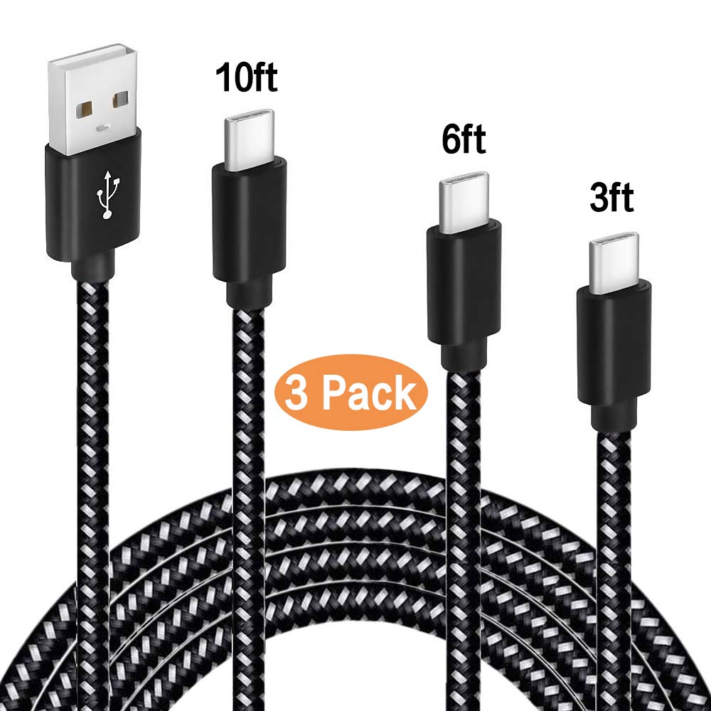 Huawei Nexus 6P Charger Cable, 3 Pack 3ft 6t 10ft Durable Dual Port Type USB C Braided Fast Charging Cord for Huawei P20 Lite P10 P9 Plus Mate 9 Honor 8 Nova Plus, Samsung Galaxy (White Black)