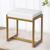 FLYZC Vanity Stool, Vanity Chair Stools for Makeup Room, Faux Leather Small Makeup Bench, Modern Gold Metal Legs Ottoman Foot Rest for Bedroom Living Room, White &amp; Gold