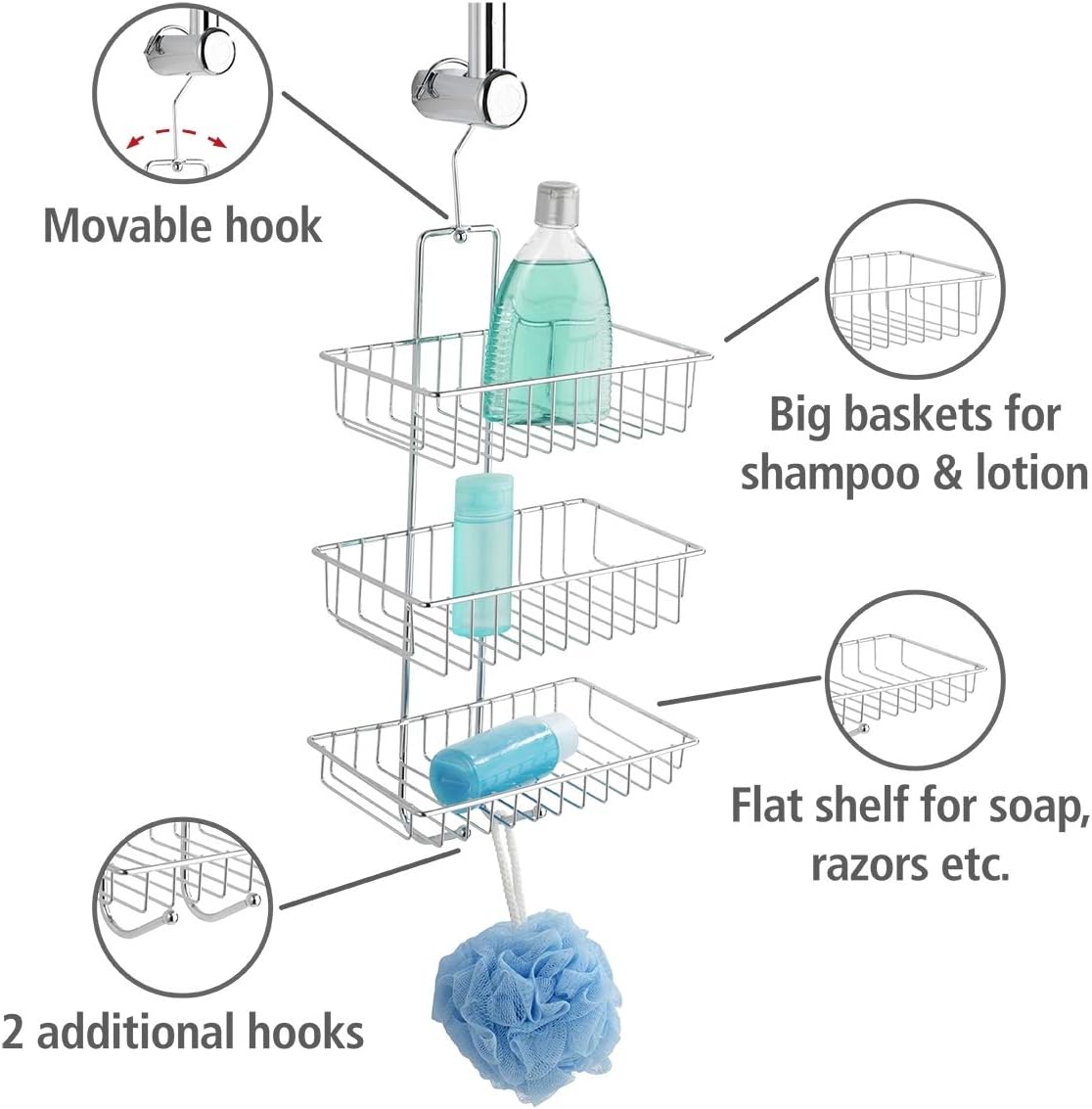 Wenko 15888100 Exclusive shower caddy Nivala shower rack with 3 shelves, 2 hooks, Metal Steel, 22 x 50 x 13.5 cm, Chrome - Image 3