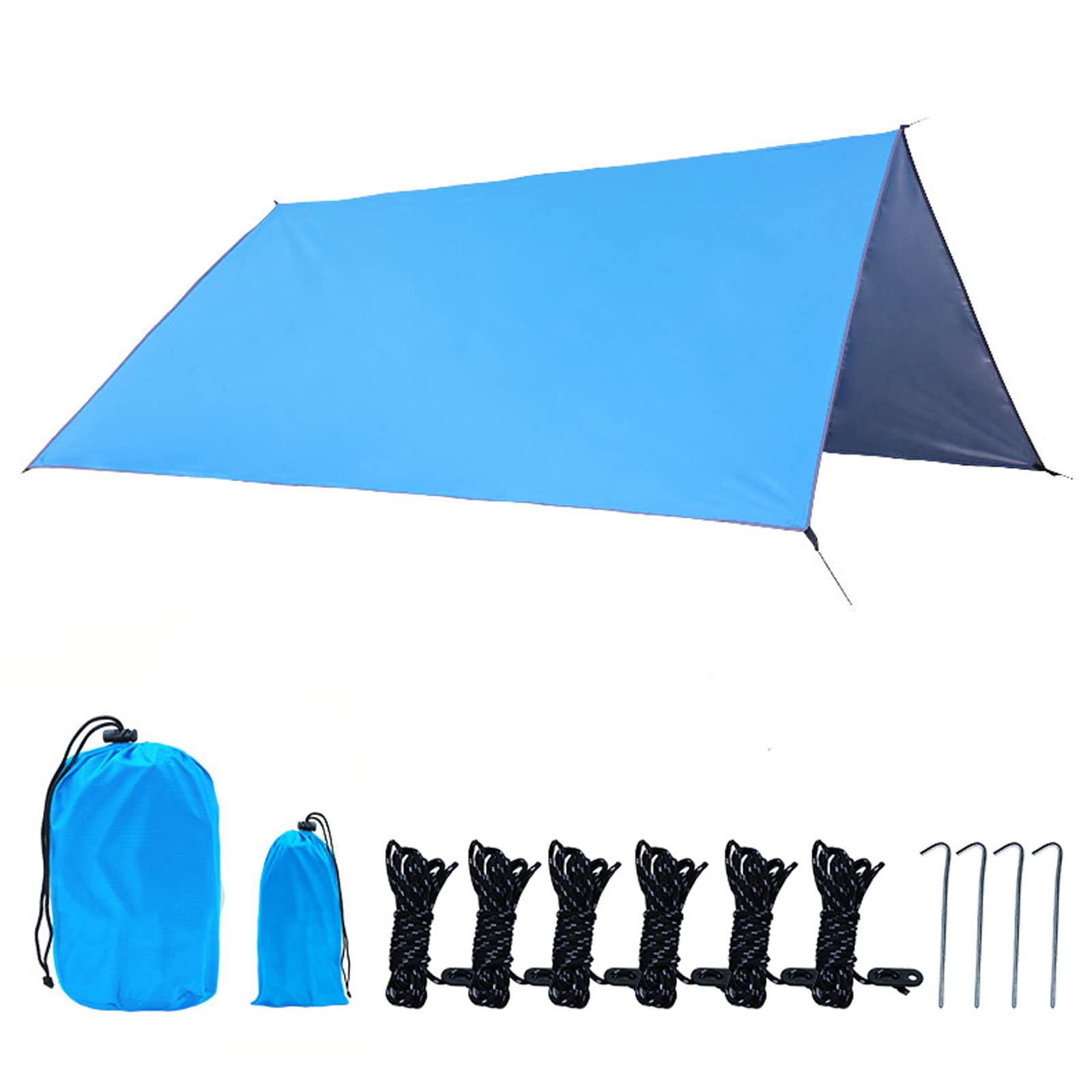 QYLJZB 3x3m Camping Tarp, Portable Hammock Rain Fly Tent Tarp Camping Shelter with Tent Stakes, Ropes and Storage Bag, Windproof Tents Tarpaulin for Outdoor Camping Traveling Beach,Sky Blue