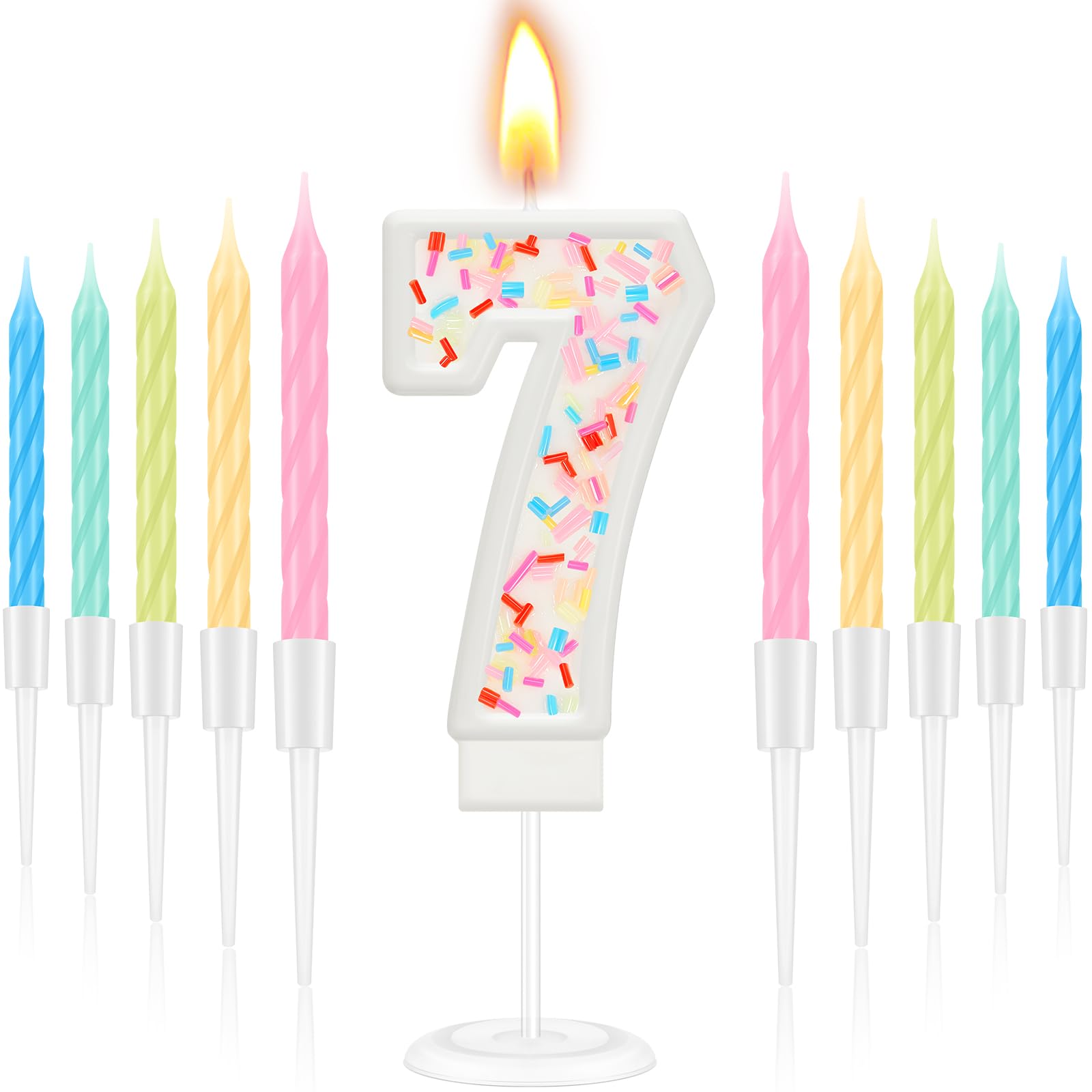 Photo 1 of MTLEE Number 7 Happy Birthday Candle with Sprinkles 3D Number Cake Topper with 10 Long Thin Rainbow Spiral Candles for Girls Women Anniversary Wedding Birthday Party Decor