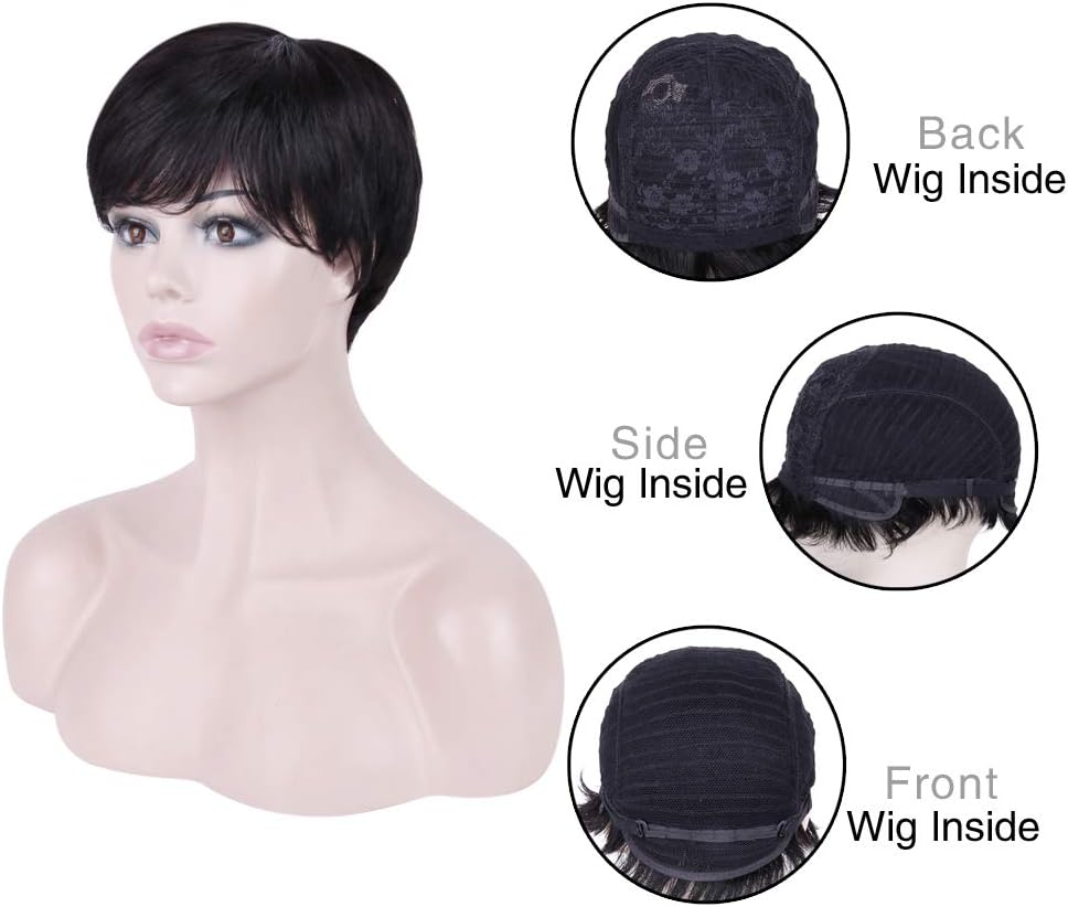 Becus Short Black Wigs for Women Brazilian Human Hair Layered Black Wig with Fringe Bangs Pixie Human Hair Daily Use (Natural Black#1B) - Image 5