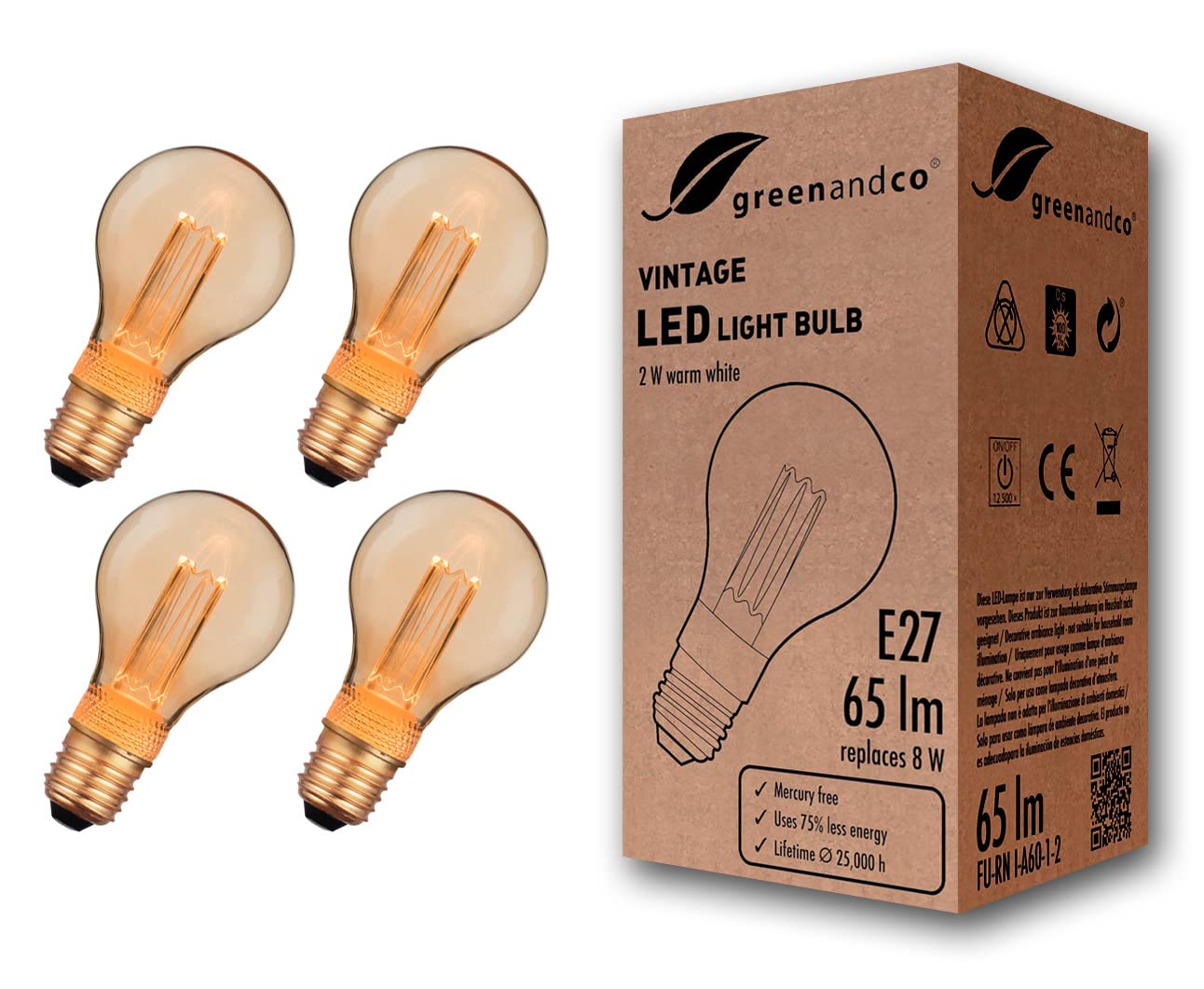 greenandco 4X Decorative LED Vintage Light Bulb | E27 A60 | Amber | 2W 65lm | 1800K Extra Warm White | 320° | 230V | Flicker Free | Not Dimmable