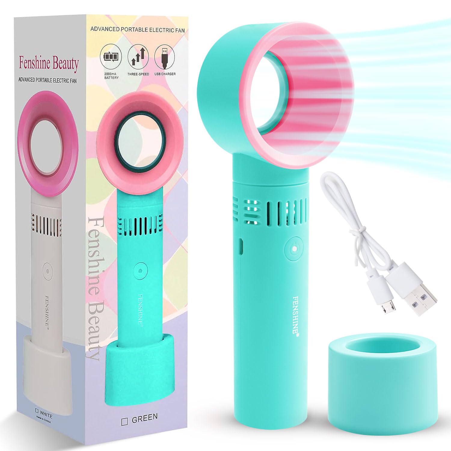 fenshine Portable USB Rechargeable Mini Fan Dryer Bladeless Handheld Fan, Air Conditioning Blower for Essential Eyelash Extension Supplies (Blue)