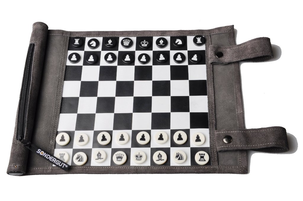 Sondergut Roll-Up Portable Suede Travel Chess & Checkers Game Set - Compact Perfect for RV Adventure Travel, Cruise, Airplane, Camping, Backpacking, Road Trips, and More.