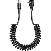SUNGUY Right Angle Coiled USB C Cable 4FT [Recommended Stretch Length:1FT-2.6FT] 1Pack 60W USB-C to USB-C Cable for Car Android Auto, Carplay, iPhone 17/16/15 Pro Max Plus, Tesla Model Y, Galaxy