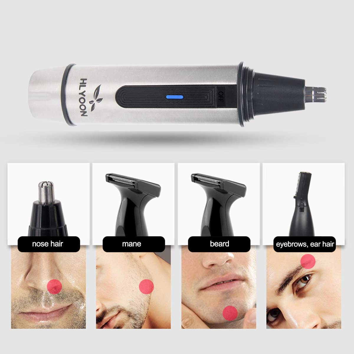 HLYOON 3 in 1 Nose & Ear Hair Trimmer with LED Light, Wet/Dry, Waterproof Stainless Steel, Beard and Eyebrow Grooming Set, Battery-Operated