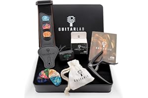 Guitar Accessories Kit by Guitar Lab – Premium Metal Tin with Guitar Strap, Capo, Tuner, Picks for Acoustic, Bass, Electric & Ukulele Guitars – Ideal Guitar Gifts for Men, Beginners, and Pros