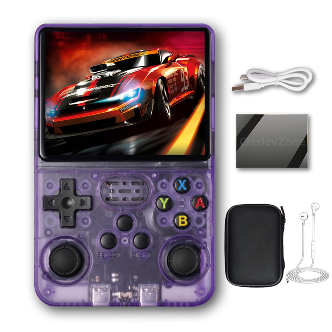 Photo 1 of R36S Handheld Game Console 3.5-inch Retro Handheld Video Games Consoles Built-in Battery Portable Style Hand Held System Purple Transparent